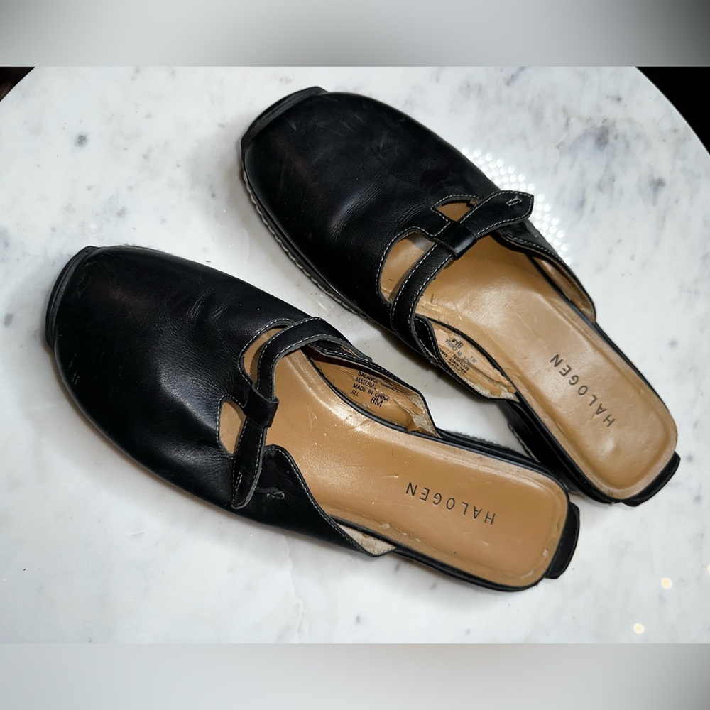 Halogen Black Leather Slip-On Mules